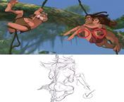 In Tarzan (1999), Tarzan is seen swinging through the air with Jane in both hands and vine behind his back. from tarzan 1999 35mm