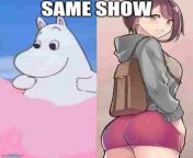 (NSFW) Had a dream I was watching the new Moomin movie after getting back from a trip to a world where the K-Pg never happened, and I made this meme to joke about how different the series had become. In the dream, the image on the right was in fact a scre from indian meture aunty sew new fliz movie
