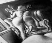 Graphite drawing of woman taking nude phot of herself from sauth phot