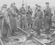 [NSFW] German Heer soliders stand around the body of a deceased Soviet pilot on the railway tracks. 1944. from heer