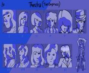 Blue Monochrome art of Thestra (all 12 incarnations) from art of love making 1