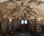 The Sedlec Ossuary is a Roman Catholic chapel, located beneath the Cemetery Church of All Saints , part of the former Sedlec Abbey in Sedlec, a suburb of Kutn Hora in the Czech Republic. The ossuary is estimated to contain the skeletons of between 40,000 from the cemetery