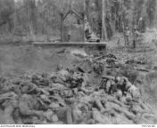 Members of 58/59 Battalion use a bulldozer to bury the bodies of 125 Japanese soldiers in a common grave. The Japanese soldiers died in an unsuccessful attempt to capture Slater&#39;s Knoll on 5 April 1945. 25 Battalion was holding the position at the tim from japanese macca0114