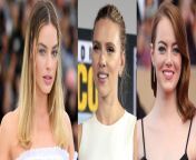 Margot Robbie / Scarlett Johansson/ Emma Stone... one sits on a big black dildo and you can watch her doing it, another one sits on your face and one sits on your dick... from milf sits onw عربی xxx