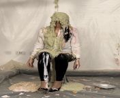 Thick, green lumpy Gunge dumped over my head!! My poor satin blouse and leather trousers got wrecked making this scene xx from roni wearing green satin blouse