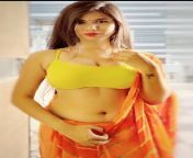 Ana Aparna deep navel in yellow blouse and orange saree from deep navel in sari