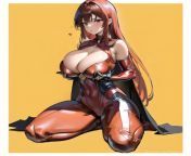((red superhero costume)), ((spandex)), ((cleavage)), red hair, ((long hair)), brown eyes, busty, thick, mature, full body, black cape, ((exposed thighs)), ((exposed shoulders)) from pandorakaaki red hair
