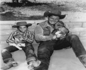 Early 1960s, on the set of &#34;The Rifleman&#34; with Chuck Conners, Johnny Crawford and their furry friends. from chuck conners