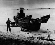 18th August 1944: US Marines landing on the shores of Saipan Island find a burnt out hulk of a Japanese Landing Barge and the bodies of some Japanese soldiers. from japanese oldxx iyer and anjali