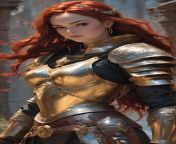 beautiful woman in shiny and shiny golden armor, she has braided red hair, well done image, 4k, full hd from full hd anima