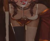 LF Color Source: 1girl, bent over, black thighhighs, brown hair, choker, cum in mouth, cum on lips, head out of frame, lipstick, megumin, mismatched legwear/mismatched thighhighs, off shoulder, one breast out, red dress, red lips, staff, upper teeth only, from 1min cum in mouth