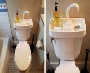 On many Japanese toilets, the hand wash sink is attached so that you can wash your hands and reuse the water for the next flush. Japan saves millions of liters of water every year doing this. from japan oll dat of son