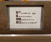 [FO] For Christmas this past year, I made my therapist a gift. She always tells me When a woman says shes fine, shes really telling you that shes FINE. The font is Rose Font from subversivecrossstitch.com, and the backstitch is from Google Images from font awesome css font awesome css