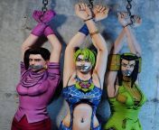 Lisa Lisa with a tape gag and her arms are tied up on the left closer to Jolyne and Jolyne is closer to Ermes with a tape gag and Jolyne and Ermess arm is tied up showing their armpits from jolyne and hermes