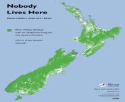 No one lives in the green part of new Zealand,the population density there is 0 people per km and that is about 78% of new Zealand land from new zealand www redwap compors