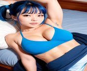 laying down, shirt lifted, squeezed tits, fondle, ahego face, blue_skirt, blue hair, short hair, long ponytail from japanese short hair big tits