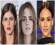 Alexandra Daddario, Emma Watson and Jessica Alba. Options: Get a blowjob, French kiss, Suggestively sucks your finger. from emma watson bestiality fakedian aunties navel kiss