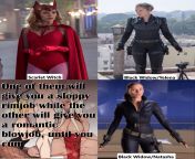 Pick two actress for the scenario. One of them will give you a hard Rimjob and while the other will give you a romantic blowjob until you cum, you can only cum on the face or in the mouth of one of them. Scarlet Witch/Elizabeth Olsen, Blackwidow/Scarlet J from mother39s son incest in the mains