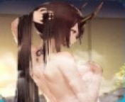 LF Color Source: 1girl, horns, hand on own chest, hand on own hair, smoke, fog, onsen(?), Long hair from age difference draxlasto fellatio flat chest hand on ano