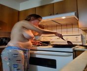 Cooking dinner topless, would you like be to be stand in kitchen cooking from threesome in kitchen