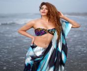 Priyanka Tyagi navel in colorful bra and blue saree from priyanka tyagi xxx