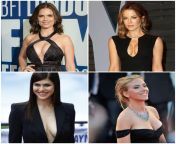 Hayley Atwell, Kate Beckinsale, Alexandra Daddario, Scarlett Johansson. Pick one for 1) Sensual blowjob. 2) Rough facefuck. 3) Passionate missionary sex. 4) Rough doggystyle anal sex. from rough doggystyle