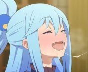 LF Color Source: 1girl, after fellatio/after blowjob, aqua (konosuba), bangs, blue hair, blush, close-up, closed eyes, cum in mouth, cum string/cum trail, face, from side, gokkun, hair between eyes, open mouth, sidelocks, smile, updo from sg chinese cum in mouth