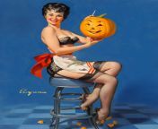 Gil Elvgren - &#34;All Smiles&#34; - October 1964 American Beauties Calendar Illustration from Brown &amp; Bigelow Calendar Co. - Elvgren got in on the fun of Halloween as well with two great illustrations. This one was called &#34;Glamorous&#34; on the 1 from 1964 clas
