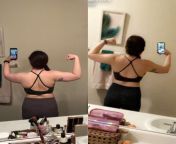 F/24/5&#39;3&#34; [170lbs &amp;gt;155lbs = 20 lbs] Back gains! Was 20 lbs down but put back on 5lbs during Christmas break, trying not to beat myself up about it and get back on track to meeting my goals. First pic from April 2019, second pic from last we from back on stepdad