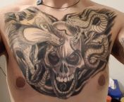 Finished B&amp;W chest piece by Palmer Almeida (Lobo Tattoo Studio, So Paulo) from almeida