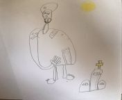 Some kid&#39;s drawing of a saint. Nimbus above his head in shape of turban. And a church shaped as something else. from turkish turban