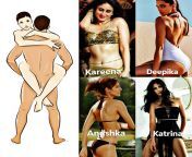 Your feeling horny and get a chance to bang one of these MILF. Who would u have in this position and why ? Kareena Kapoor, Deepika Padukone, Anushka Sharma or Katrina Kaif from and humann kareena kapoor