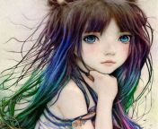 Anime Girl with Rainbow Hair in the Style of Arthur Rackham from girl pussy cuting hair in blades