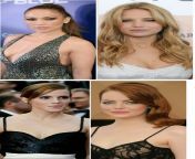 Would you rather... (1) Threesome with Jennifer Lawrence and Jennifer Lopez, OR, (2) Double blowjob + swallow with Emma Watson and Emma Stone? from jennifer lawrence fakes double