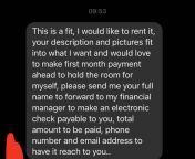 My fiancee is looking for a roommate for her apartment at school. An international student said this after showing her the place. Could this be a scam? from bd school an