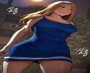 LF Color Source: 1girl, air conditioner, blonde hair, blue dress, buildings, clenched hands, covered nipples, forehead, long hair, manhwa/webtoon, medium breasts, moon, night sky, outdoors, purple eyes, sfx, short dress, standing, tight dress, tree from modan dress garls