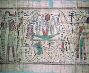 The sky-goddess Nut is above the earth-god Geb, and between them the sun-god Re in his solar barque. Papyrus of Nespakashuty. Now in the Louvre. E 17401 from true sun god
