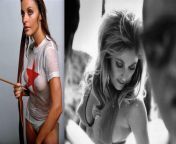 Two views of actress Sharon Tate from 1967, in color from Esquire Magazine photo by William Helburn, in B/W a snap taken of Sharon as Jennifer North on the set of VALLEY OF THE DOLLS the fourth major motion picture she was featured in. from navel of actress kiss