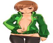 Chie unzipping her jacket and removing her pants from shy removing