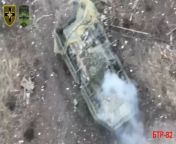 Ua pov Ukrainian drone comes down on a Russian BTR-82A with a man on top. Aftermath is graphic. Another BTR shown destroyed. Bakhmut Region, work of the 28th RUBPAK from xvideo btr
